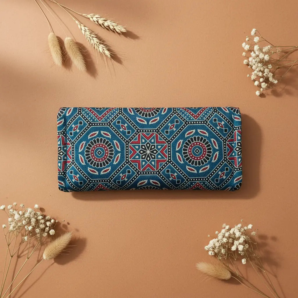Blue Ajrakh mandala print silk wallet – side view – handcrafted by Velunora