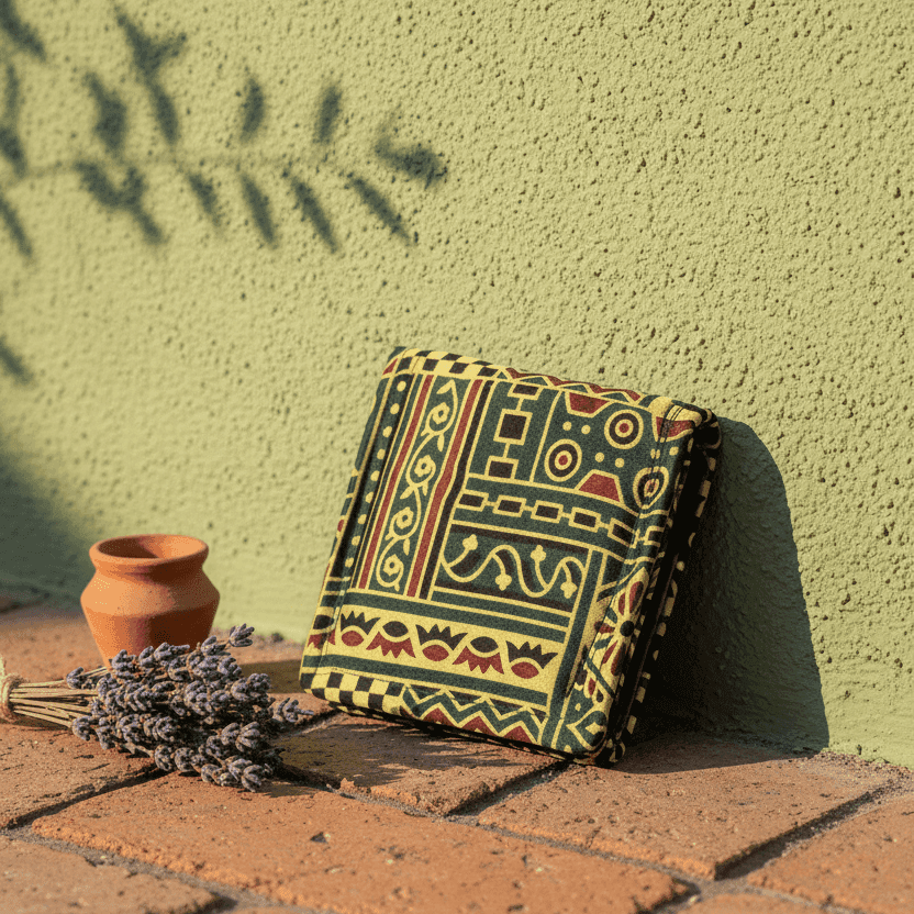 Black and gold tribal Ajrakh silk small wallet – block print – handmade by Velunora