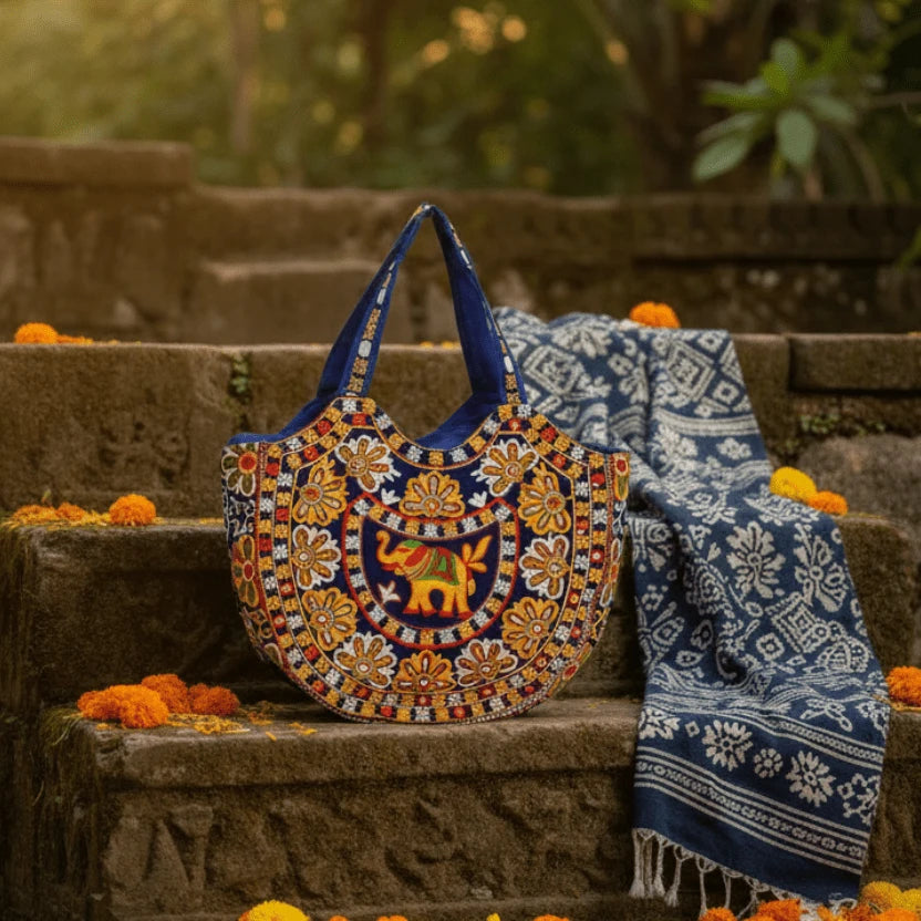 Blue elephant embroidery detail – handcrafted ethnic tote bag by Velunora