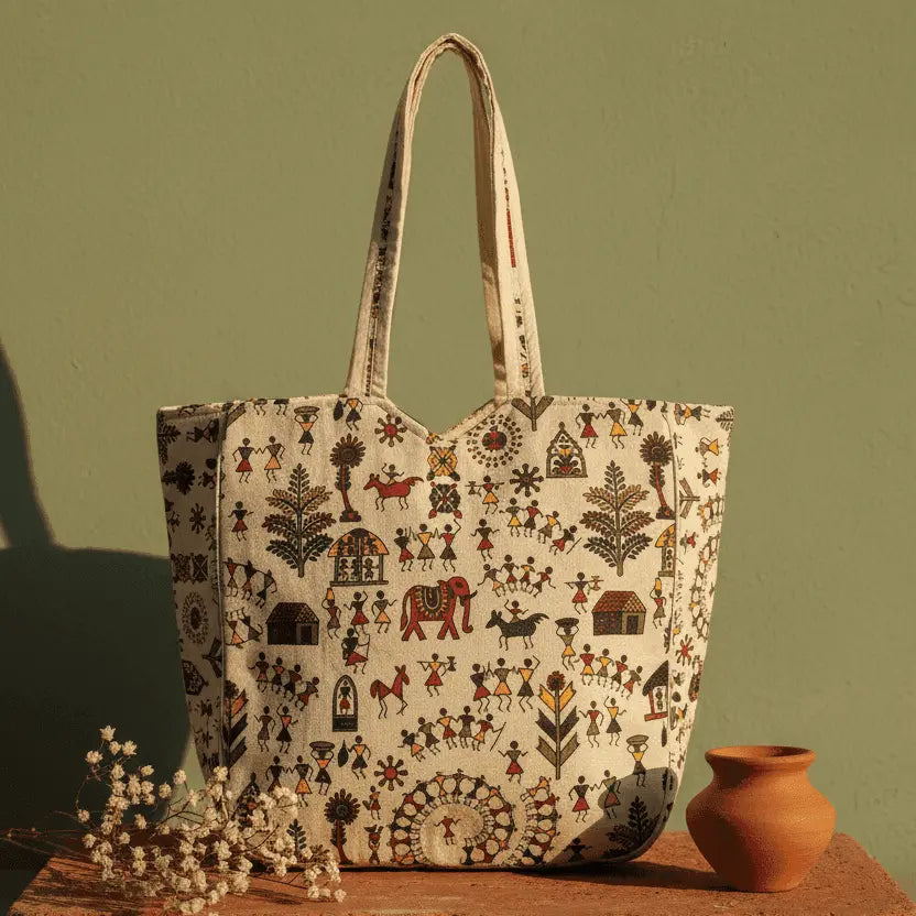 Folk art elephant motif Warli print detail – cream cotton tote bag by Velunora