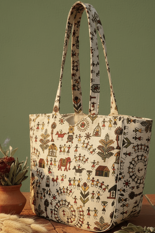 Folk Rhythm Warli Tote - Main_Keyword - Material - Color - Intent