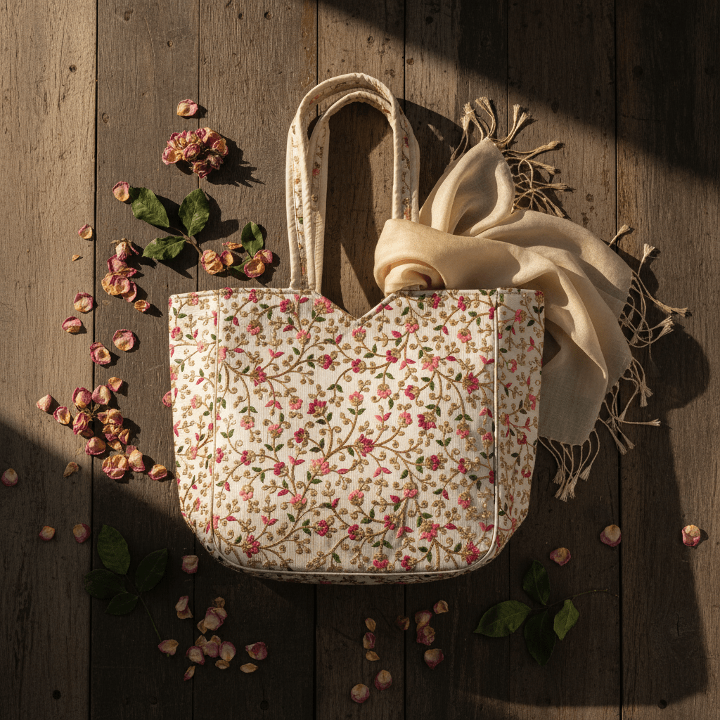 Jaipuri silk thread embroidered cotton tote bag – handmade in Jaipur – Velunora