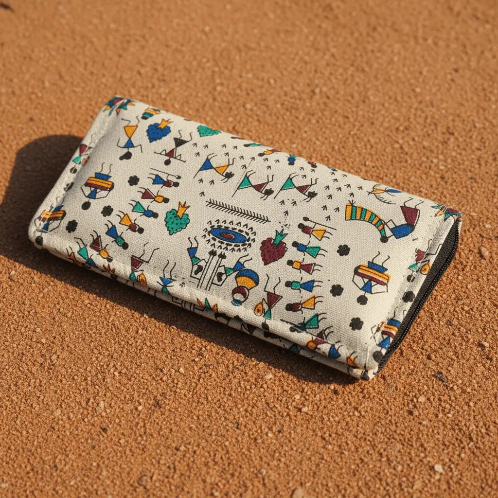 Tarpa Dance Warli folk art cotton wallet – blue – handmade in India by Velunora