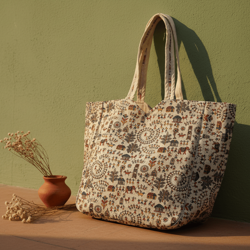 Village Chitrakari Warli Tote - Main_Keyword - Material - Color - Intent