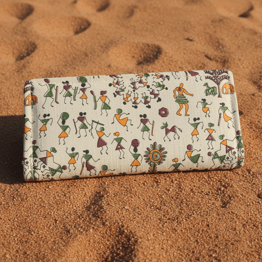 Village Chitrakari Warli folk art cotton wallet – maroon – handmade in India by Velunora