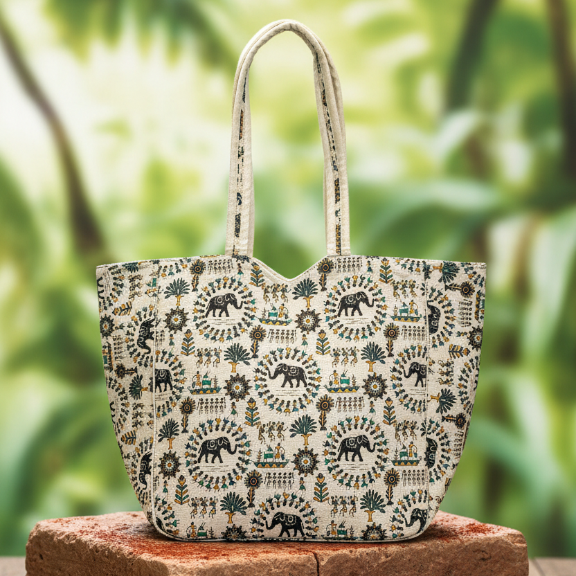 Elephant folk art cotton tote bag – Warli tribal print handmade tote by Velunora, lifestyle shot against tropical green background