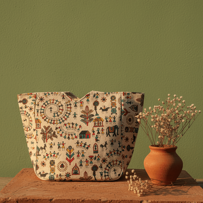 Warli Village Chitrakari Tote - Main_Keyword - Material - Color - Intent