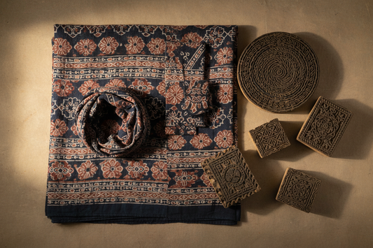 Traditional Ajrakh block-print fabric and hand-carved wooden printing blocks — heritage textile craft by Velunora