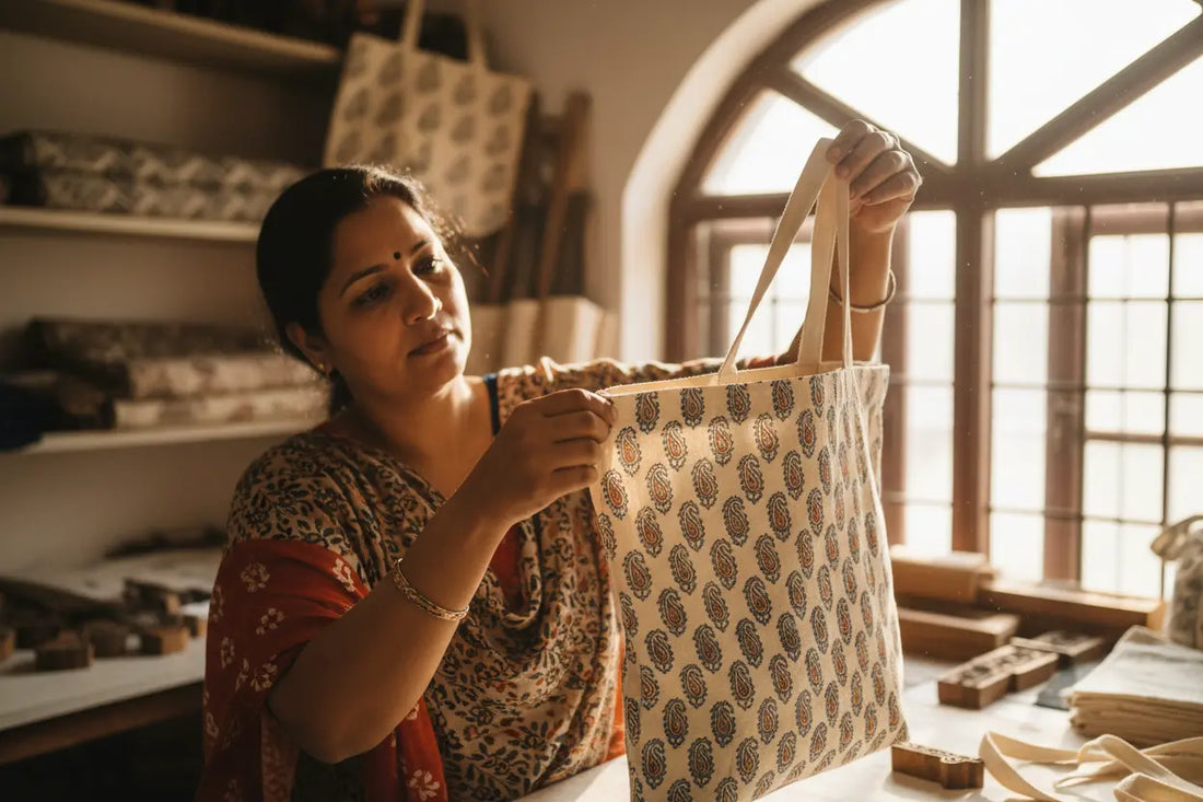 Handmade cotton tote bag crafted by skilled artisans