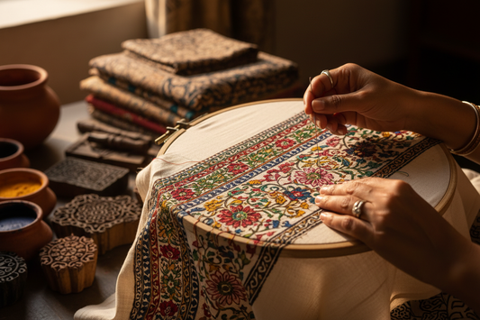 Skilled Indian artisan hands embroidering intricate colourful patterns onto natural cotton fabric — artisan craftsmanship and handmade textile heritage