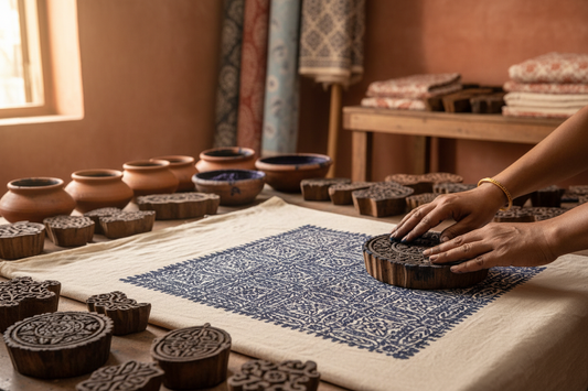 Indian artisan hands pressing a carved wooden block onto natural cotton fabric creating an indigo block-print pattern — traditional block printing craft heritage