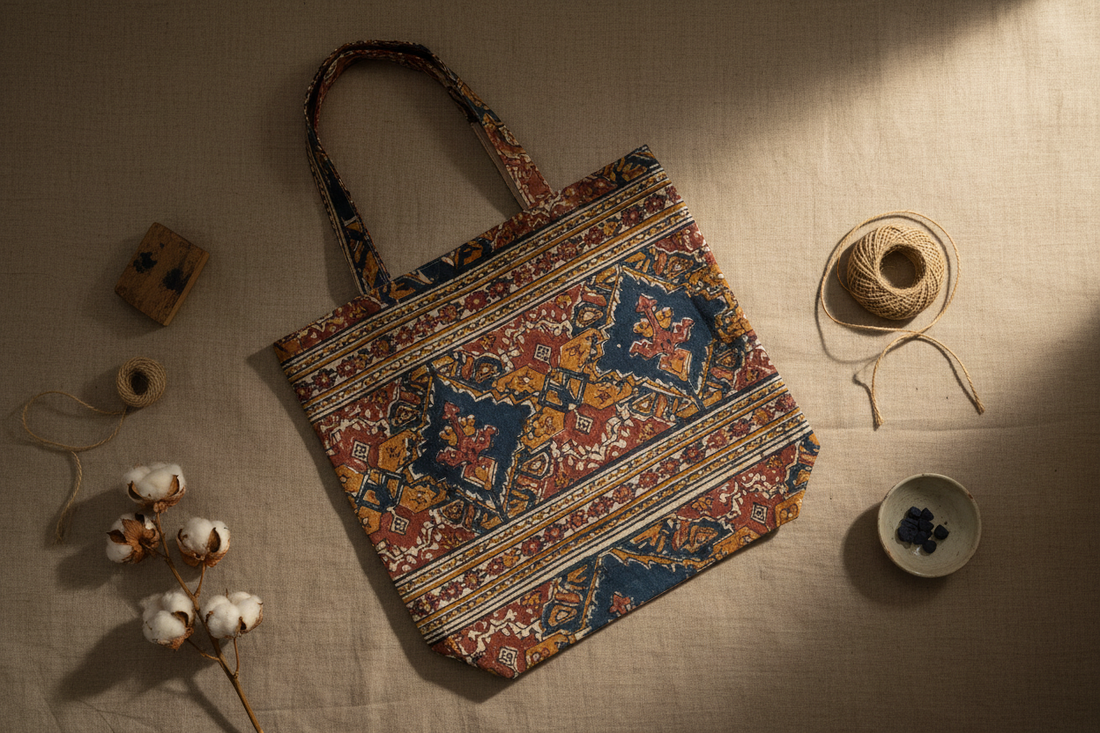 "Handmade block-print cotton tote bag by Velunora — artisan craftsmanship and heritage textiles UK"