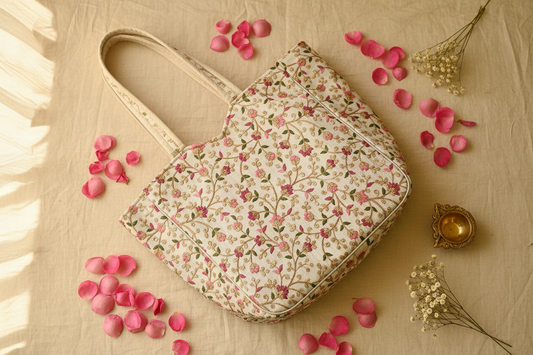 Jaipuri silk thread embroidered floral cotton tote bag on cream linen with rose petals and brass diya — handmade gifts for her UK by Velunora