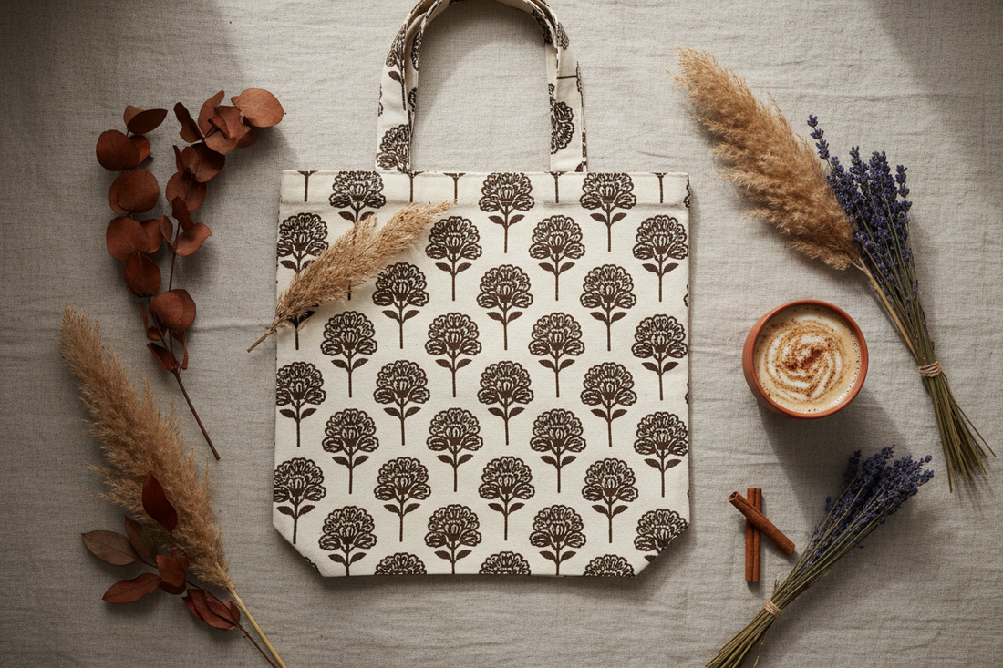 Handmade block-print cotton tote bag styled on a linen surface with dried botanicals — artisan craftsmanship by Velunora