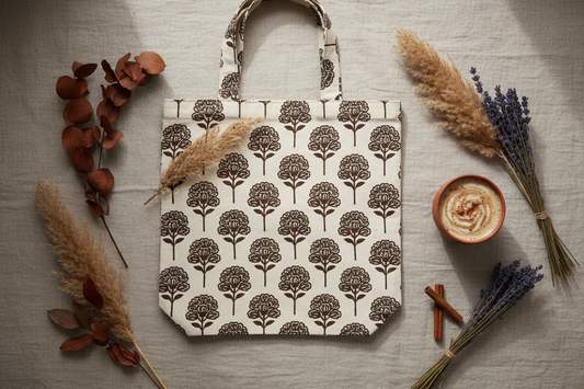 Handmade block-print cotton tote bag styled on a linen surface with dried botanicals — artisan craftsmanship by Velunora