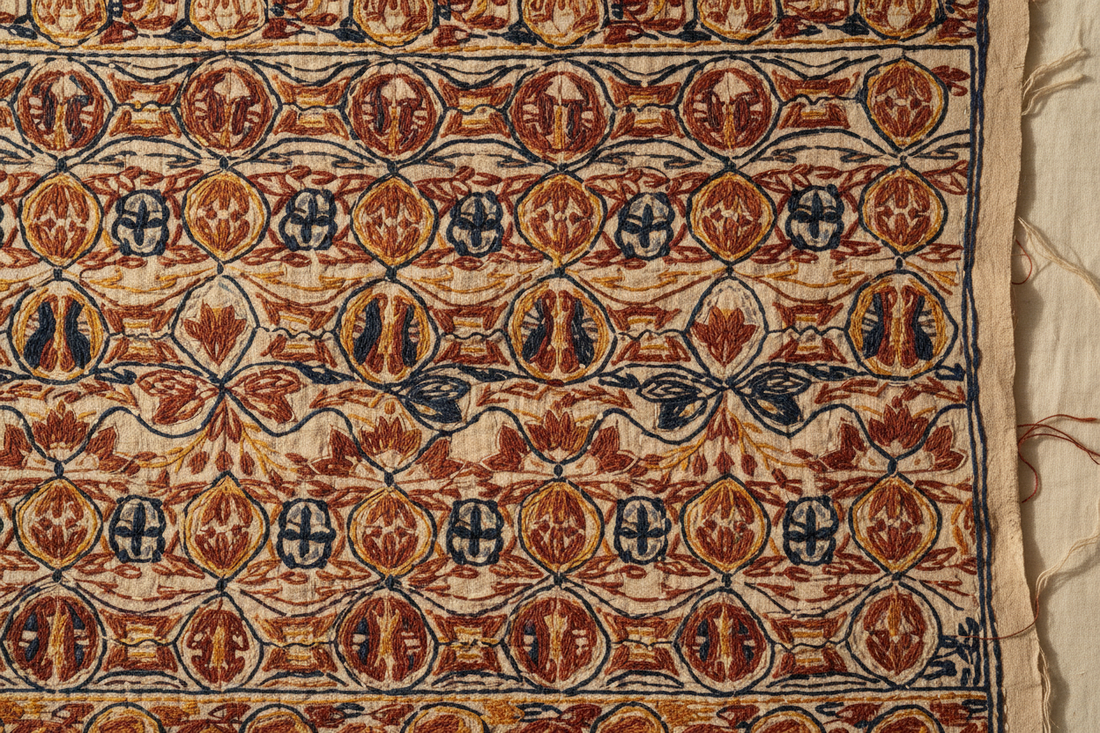 Traditional Kantha hand embroidery on natural cotton — artisan running stitch craft by Velunora