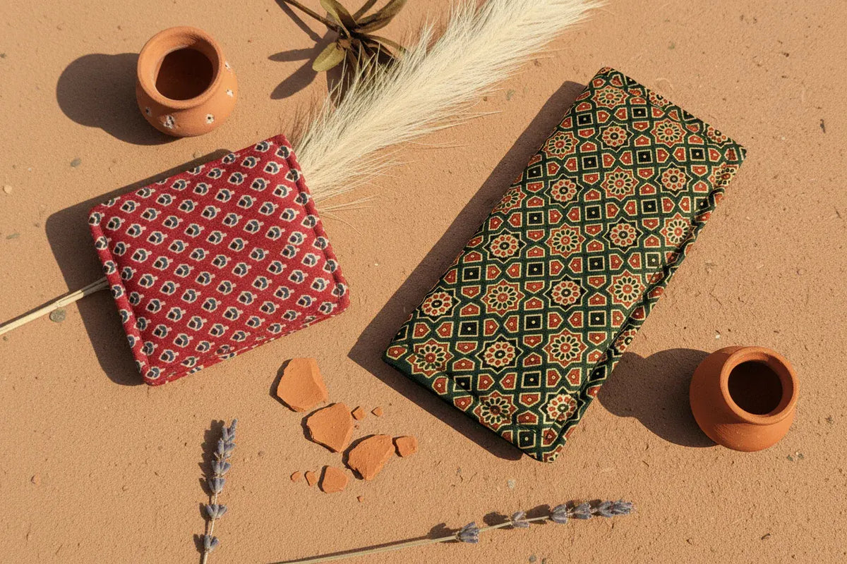 Crimson red and forest green Ajrakh silk wallets with intricate geometric block-print patterns on sandy desert earth with clay pot and pampas grass — Velunora Ajrakh Collection