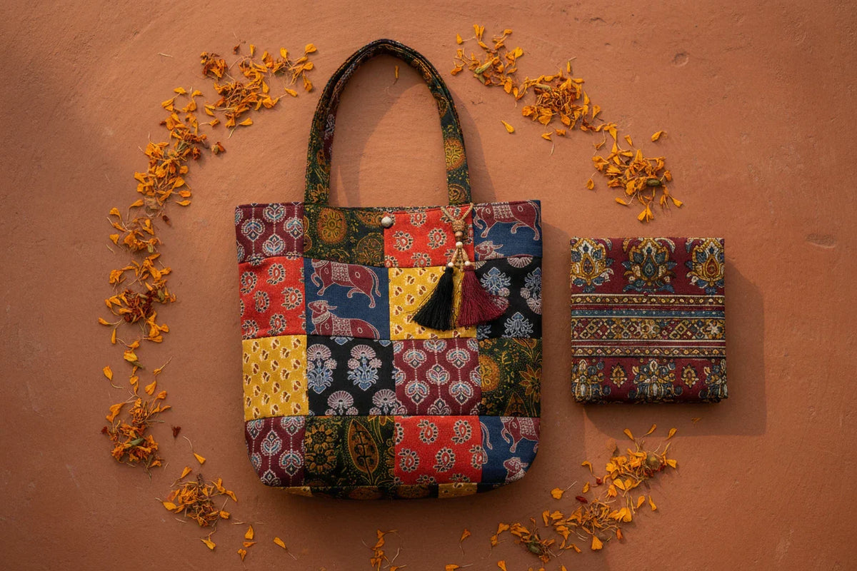 Vibrant Indian patchwork block print cotton tote bag on terracotta surface with marigold petals — Velunora Earth & Cotton Collection