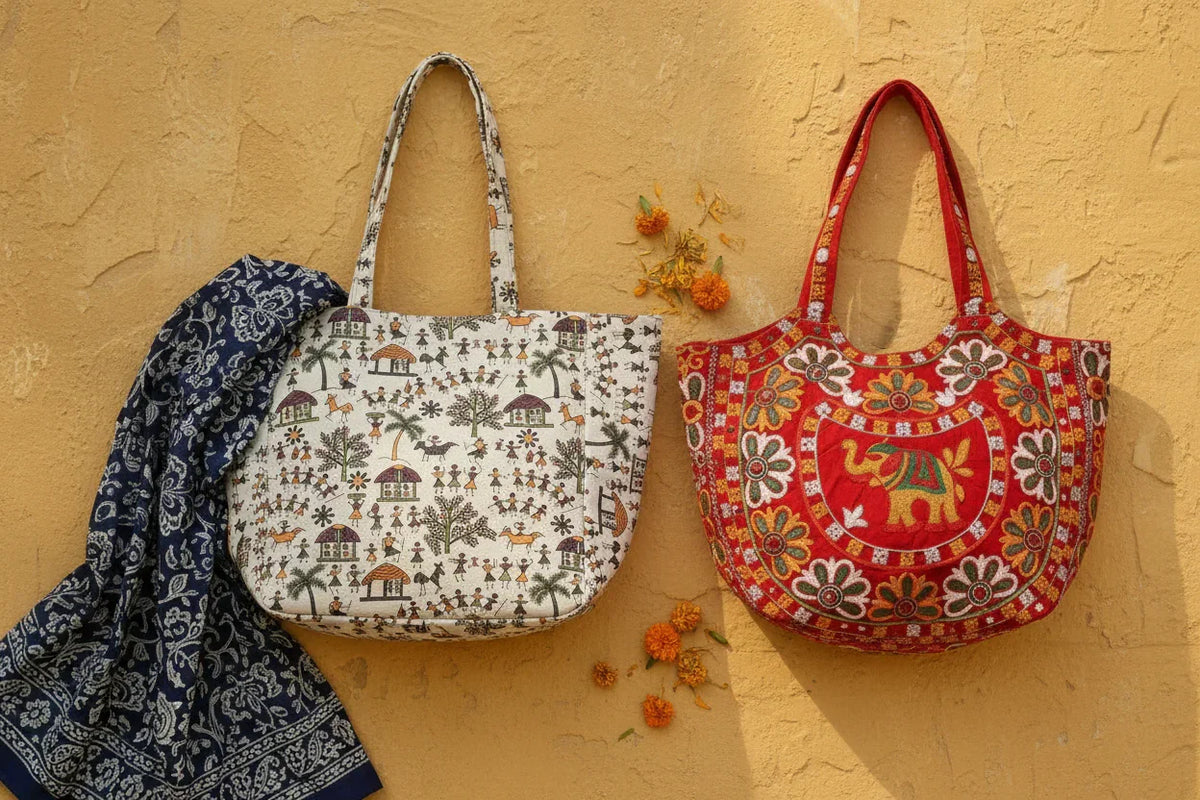 Cream Warli tribal folk art tote bag and red embroidered elephant tote bag with marigold petals on ochre plaster background — Velunora Handmade Tote Bags Collection