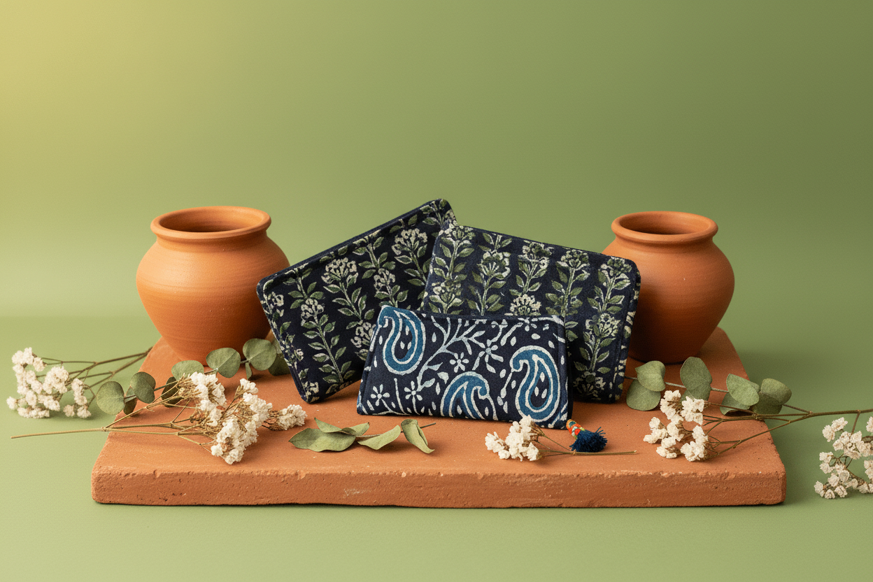 Three Indian handmade block-print cotton long wallets with clay pots and dried wildflowers on terracotta — Velunora Handmade Wallets Collection