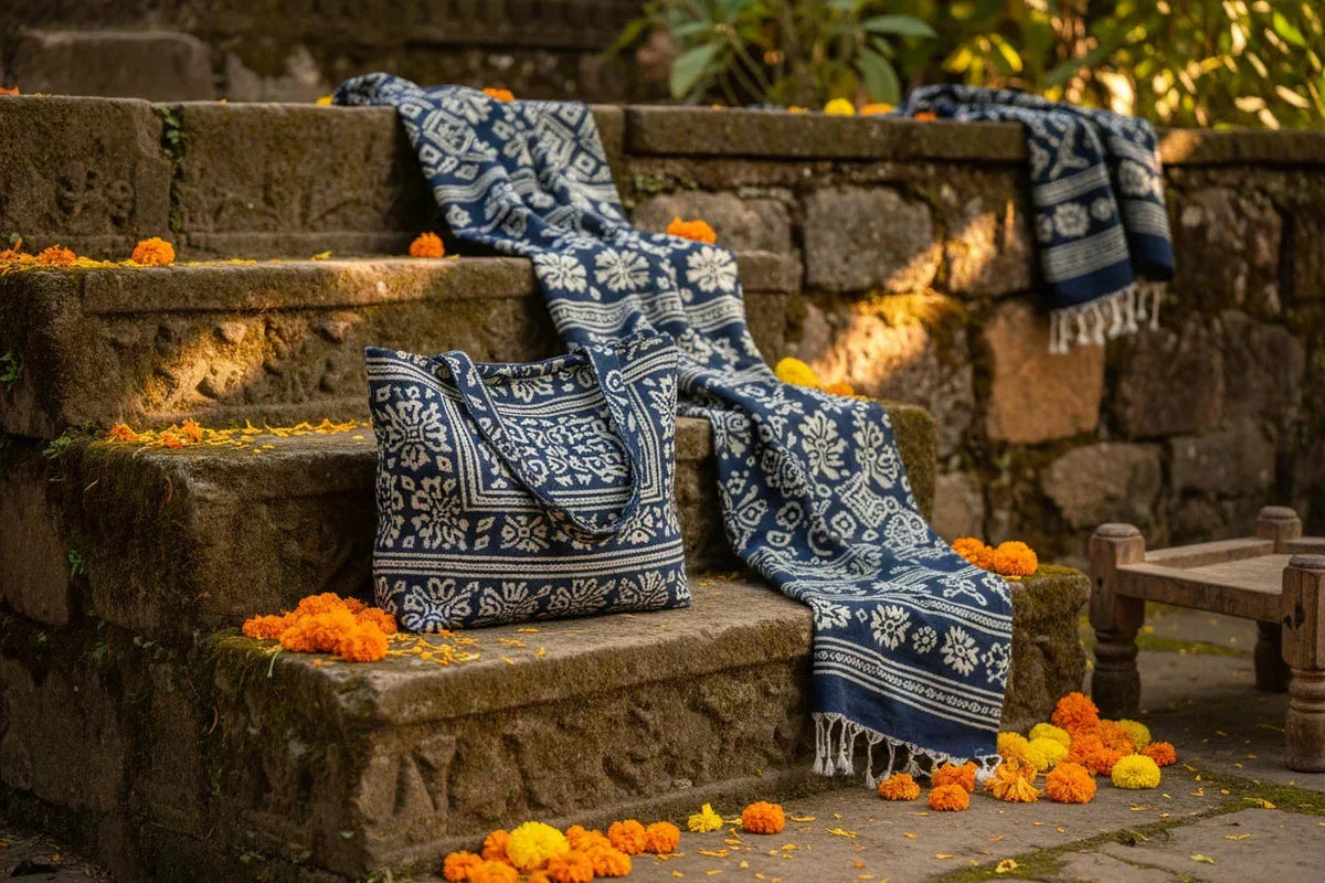 Hand block-printed indigo fabric and artisan tote bag — Velunora Indigo Heritage Collection"