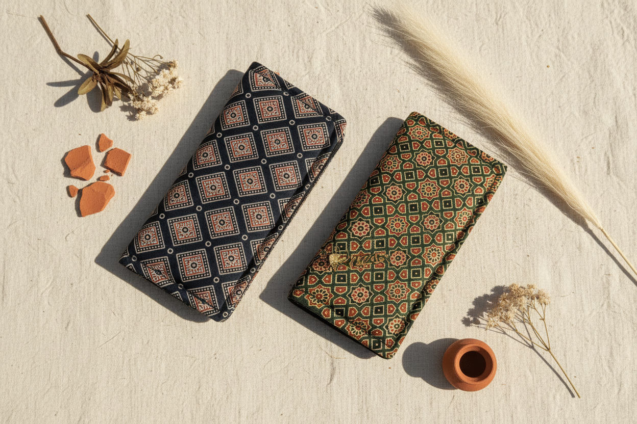 Clean-lined handcrafted Ajrakh silk wallets in navy and forest green — Velunora Minimal Artisan Collection