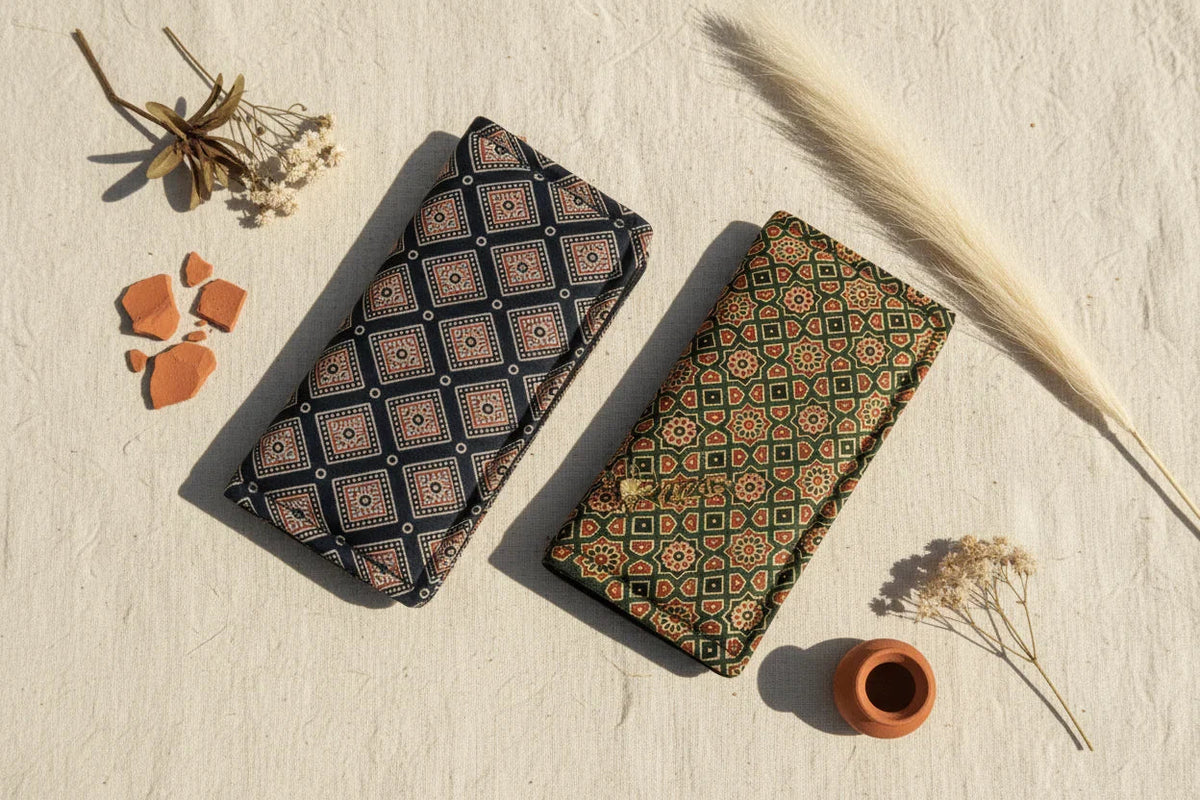 Clean-lined handcrafted Ajrakh silk wallets in navy and forest green — Velunora Minimal Artisan Collection