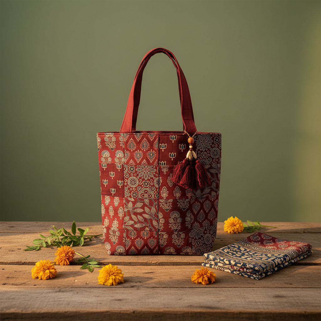 Flatlay of Velunora best selling Indian artisan accessories — patchwork block print tote bag, crimson Ajrakh silk wallets and mandala wallet on cream linen with rose petals
