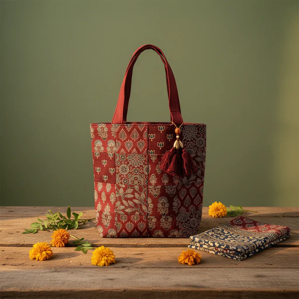 Flatlay of Velunora best selling Indian artisan accessories — patchwork block print tote bag, crimson Ajrakh silk wallets and mandala wallet on cream linen with rose petals