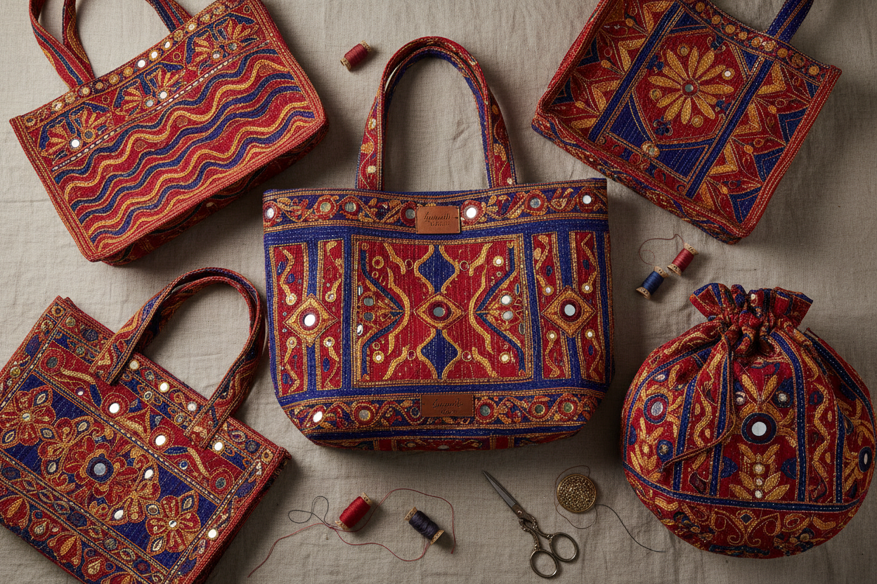 Bold hand-embroidered Kantha and mirror-work artisan bags — Velunora Statement Embroidery Collection
