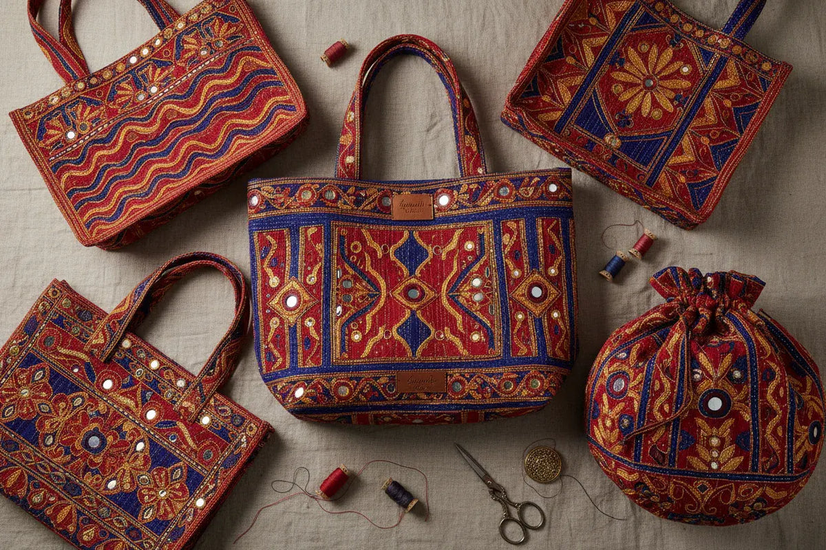 Bold hand-embroidered Kantha and mirror-work artisan bags — Velunora Statement Embroidery Collection
