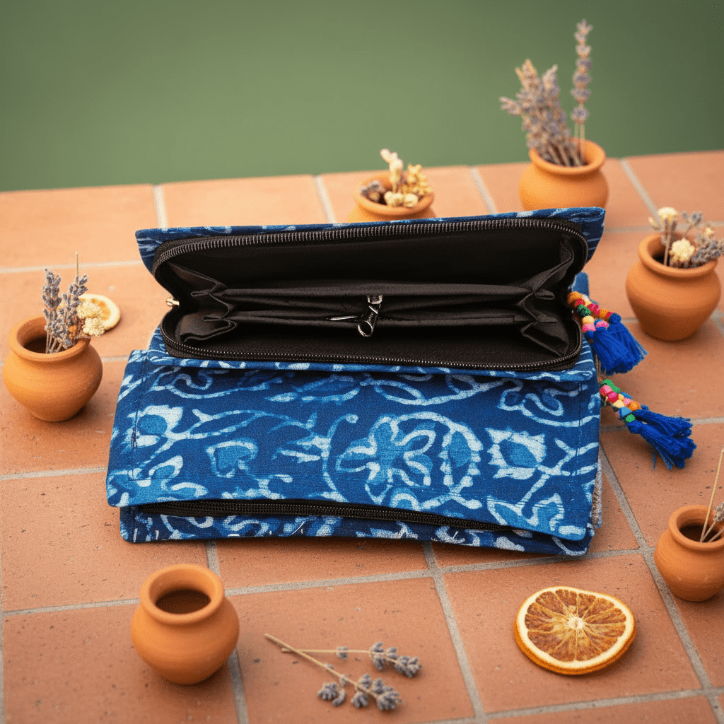 Dabu floral Jaal print cotton long wallet flatlay – Rajasthani block print wallet by Velunora