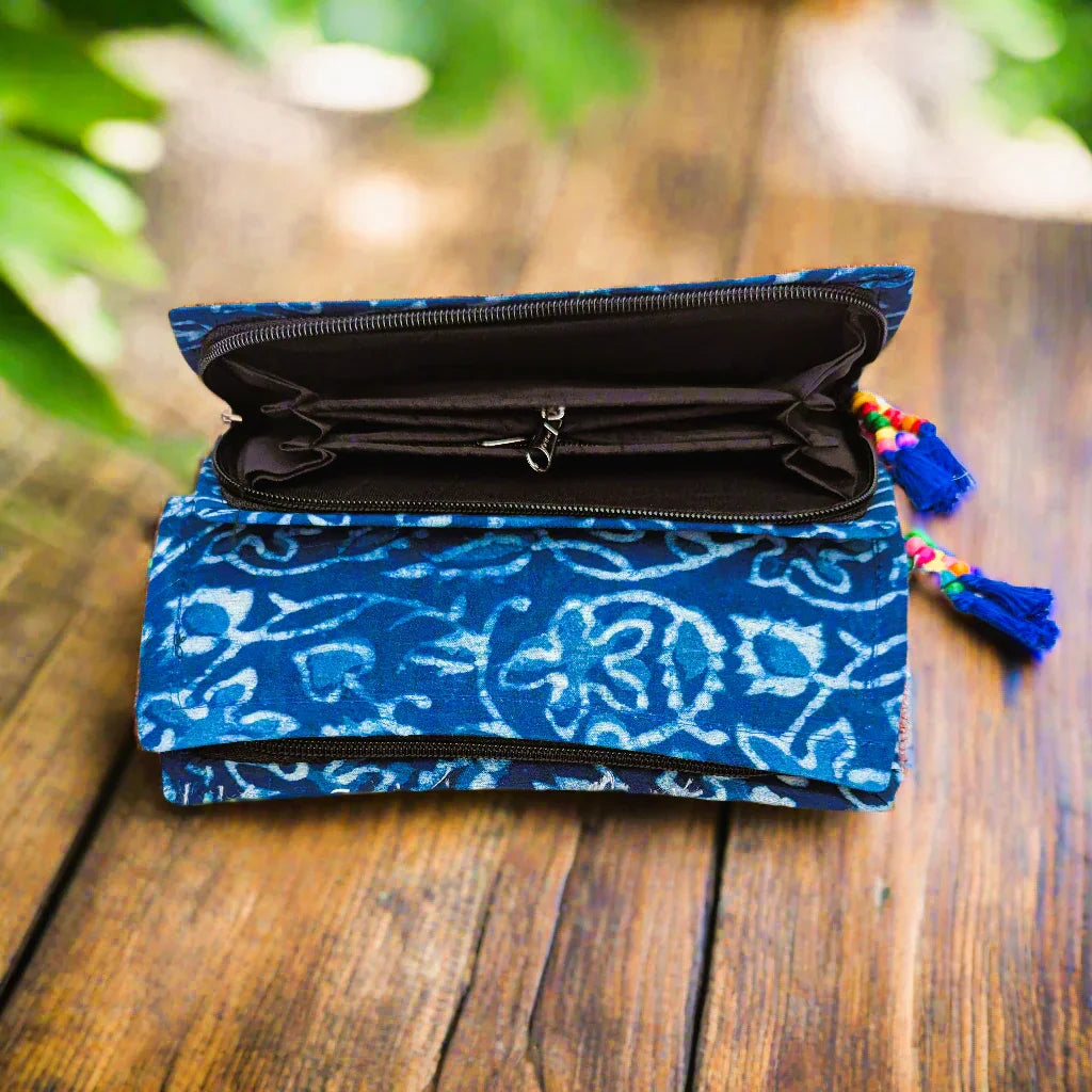 Dabu block print floral Jaal detail – hand printed cotton long wallet by Velunora