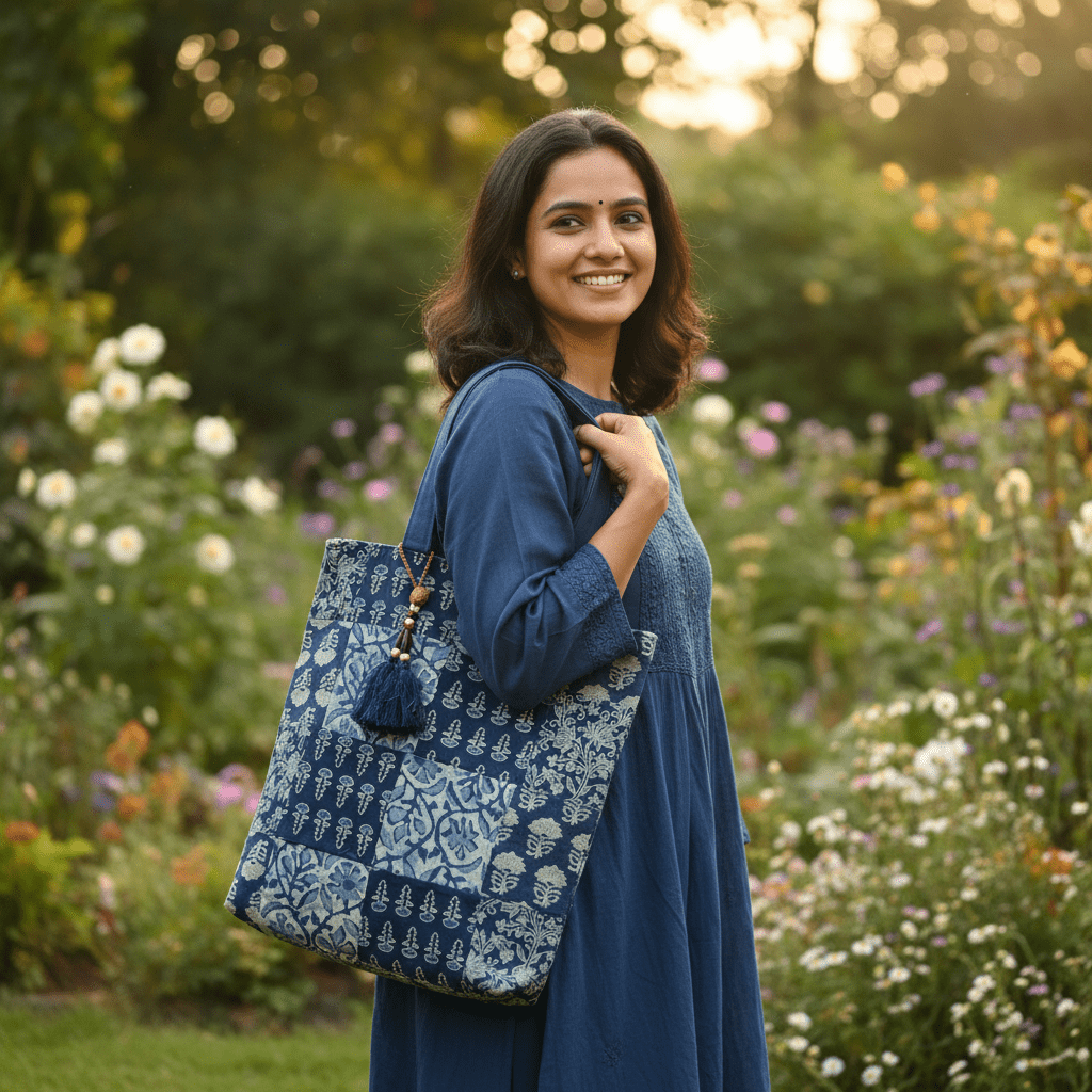 Neel Virasat indigo patchwork cotton tote bag – handmade in India – Velunora