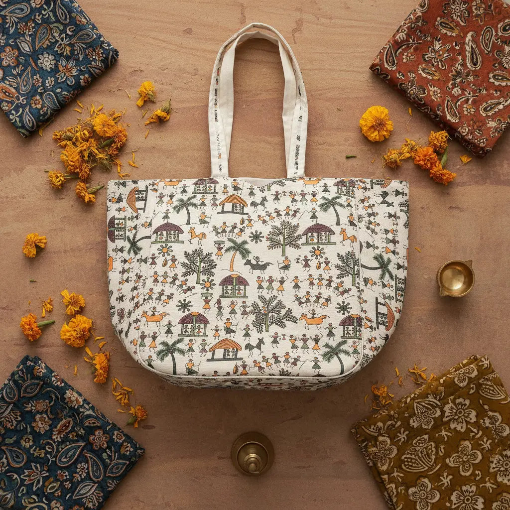 Tribal Celebration Warli cotton tote bag print detail flatlay – Indian heritage tote by Velunora
