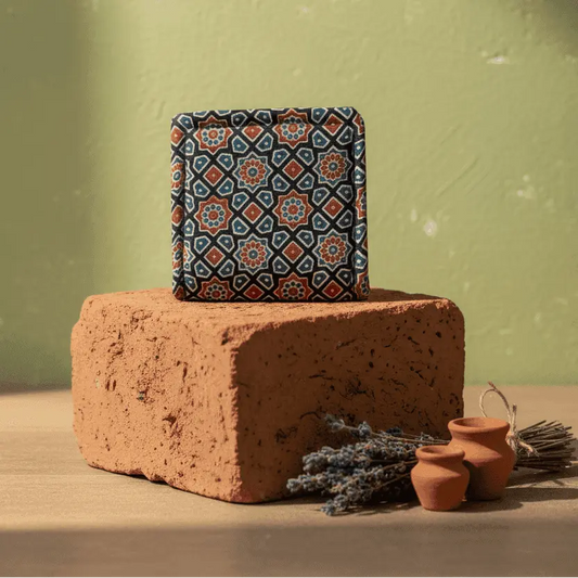 Black Ajrakh silk small wallet – geometric block print – handmade artisan wallet by Velunora