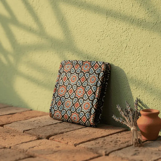 Black Ajrakh silk small wallet – geometric block print – handmade artisan wallet by Velunora
