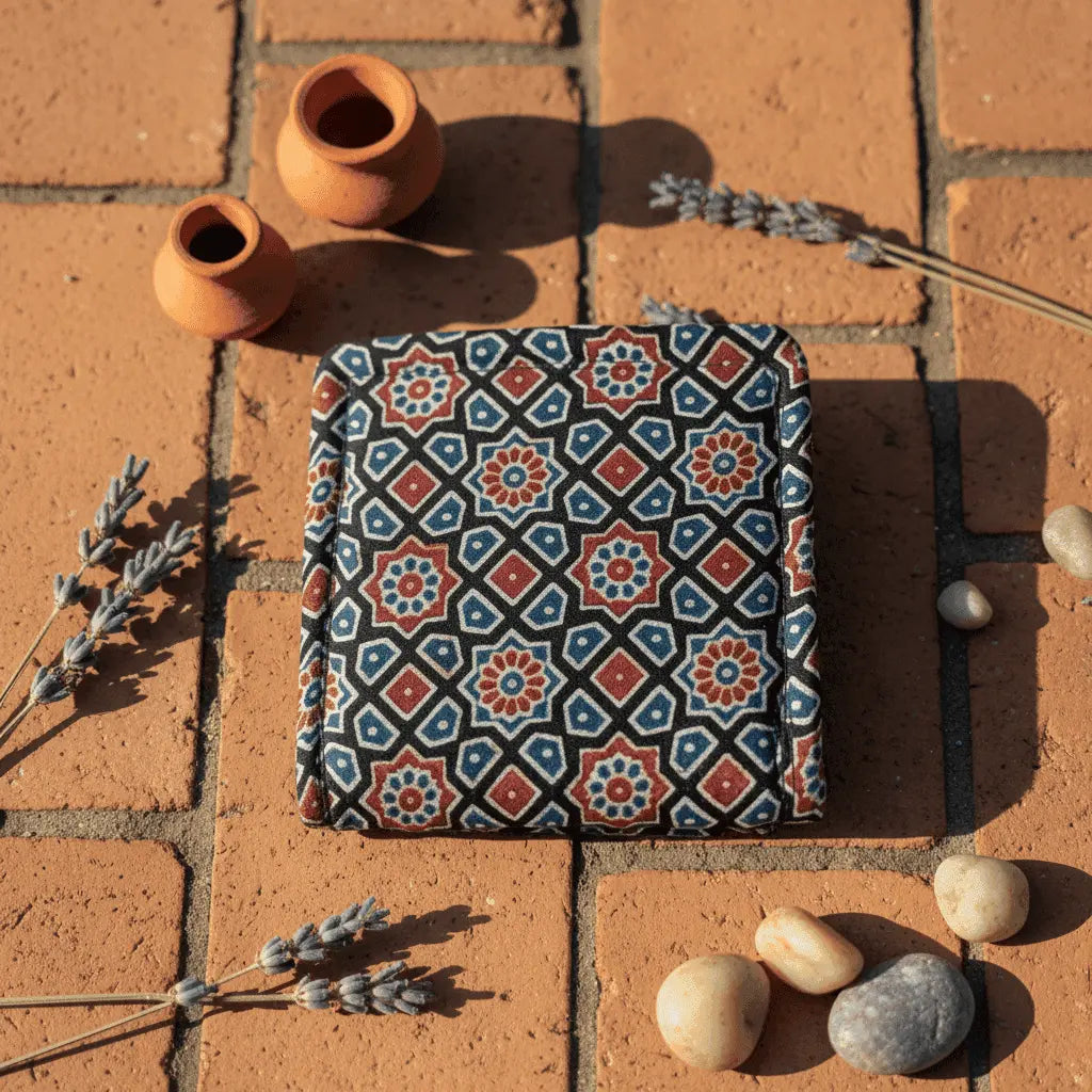 Black Ajrakh silk small wallet – geometric block print – handmade artisan wallet by Velunora