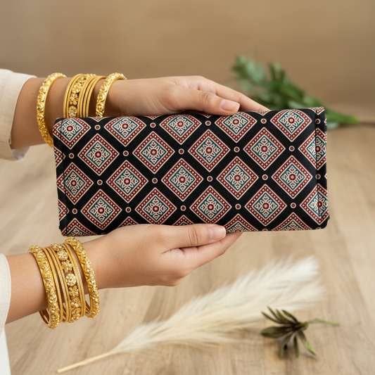 Black Ajrakh silk long wallet – multicolour geometric Indian heritage wallet by Velunora
