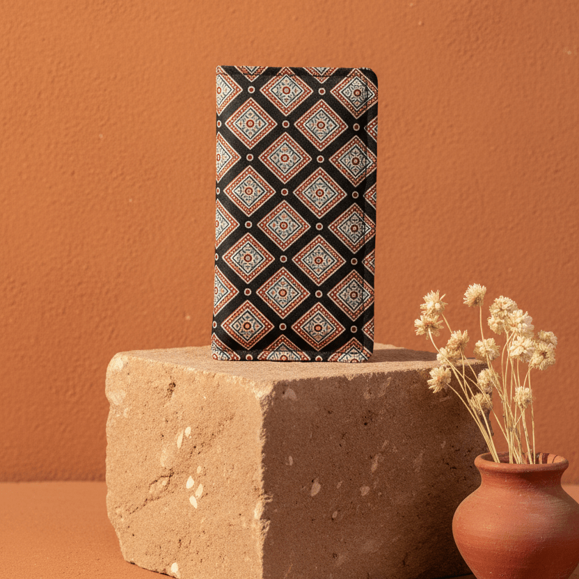Black Ajrakh silk long wallet – multicolour geometric Indian heritage wallet by Velunora