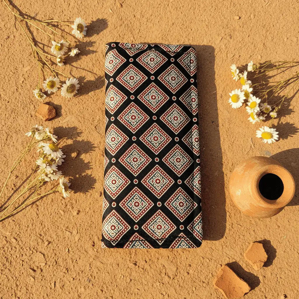 Black multicolour geometric Ajrakh silk long wallet – naturally dyed artisan wallet by Velunora