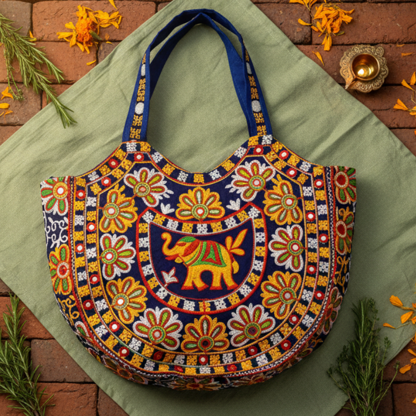 Women's blue boho tote bag – hand-embroidered Indian artisan bag by Velunora