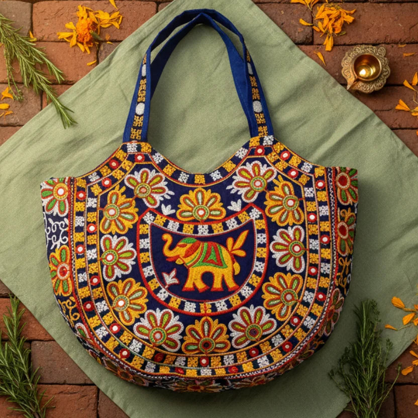 Women's blue boho tote bag – hand-embroidered Indian artisan bag by Velunora