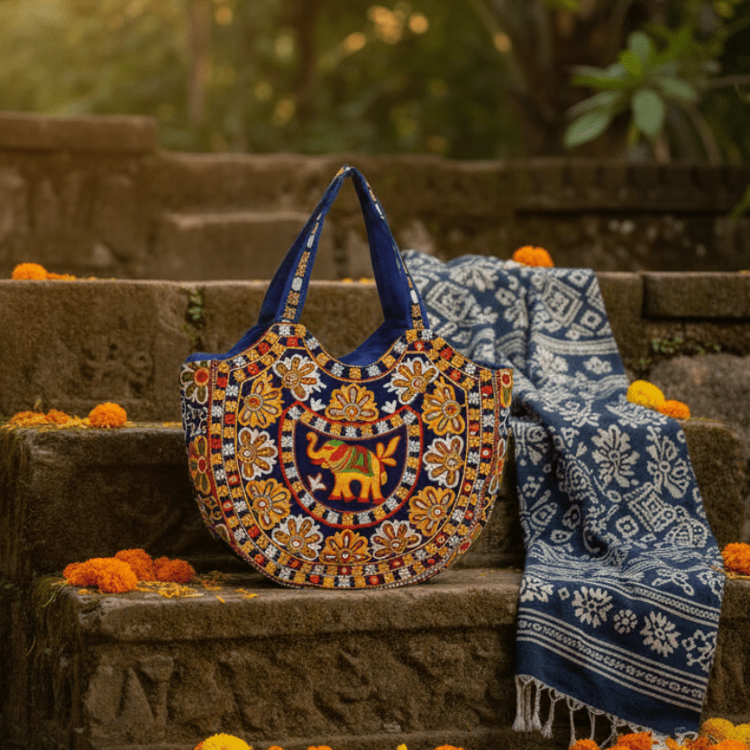 Blue elephant embroidery detail – handcrafted ethnic tote bag by Velunora