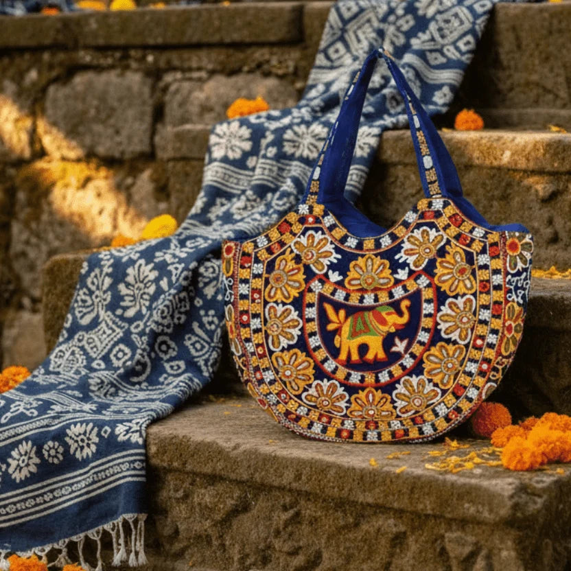 Hand-embroidered blue elephant tote bag – boho artisan shoulder bag by Velunora