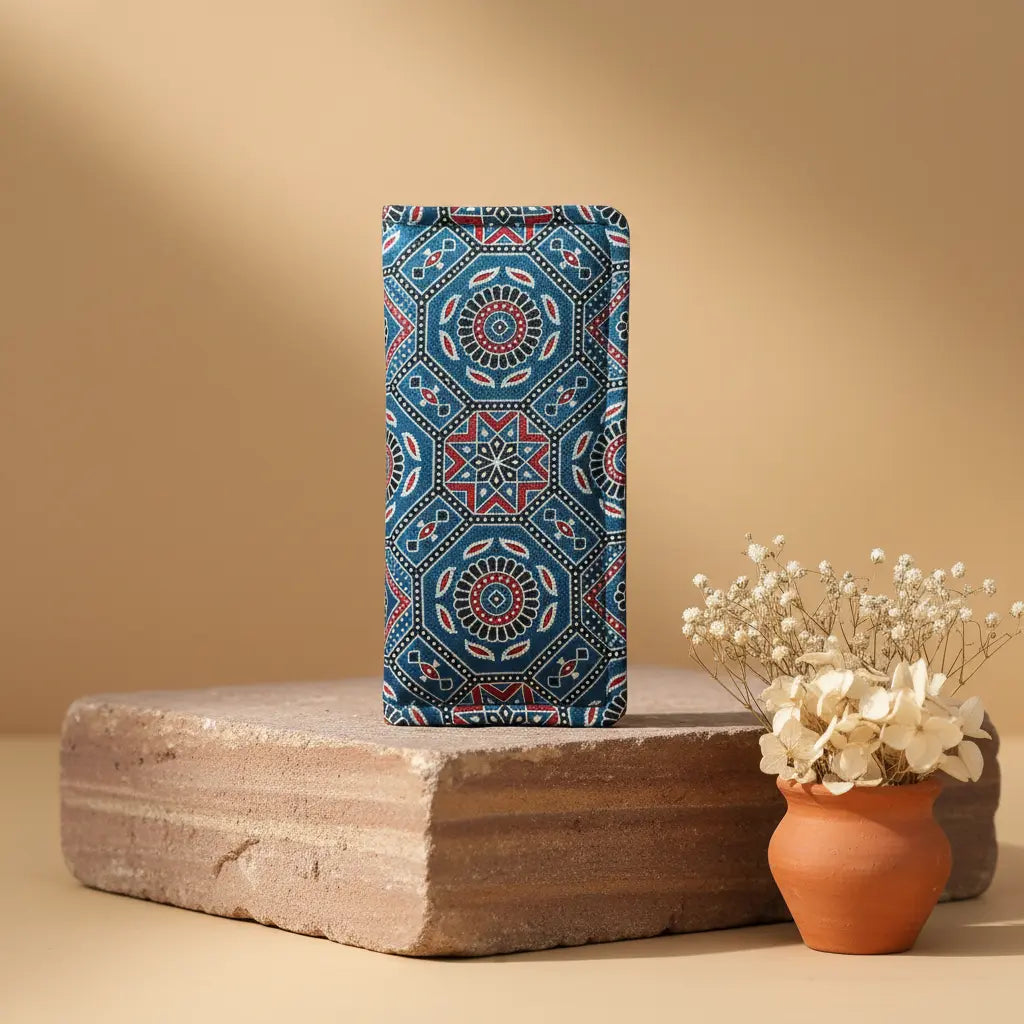 Mandala Ajrakh silk long wallet in indigo blue – block-print detail – Velunora