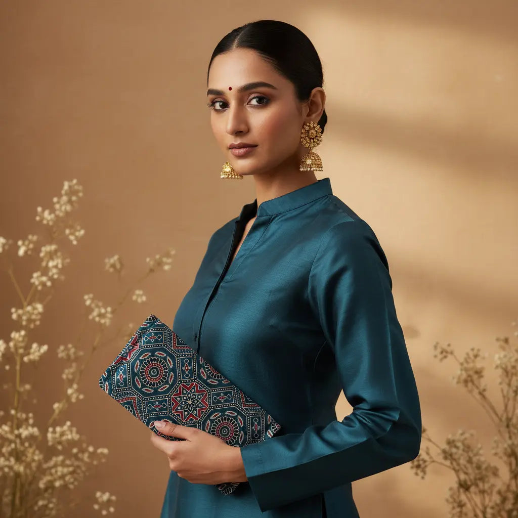 Mandala Ajrakh silk long wallet – blue – naturally dyed artisan wallet by Velunora