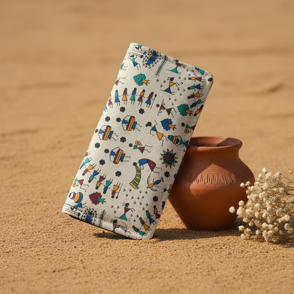 Tarpa Dance Warli blue cotton long wallet terracotta flatlay – Indian artisan lifestyle by Velunora