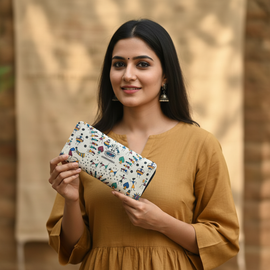 Woman holding Tarpa Dance Warli blue cotton long wallet – Indian artisan lifestyle by Velunora