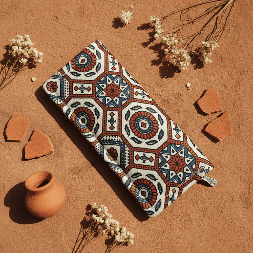 Cream silk Ajrakh wallet – handcrafted everyday carry by Velunora